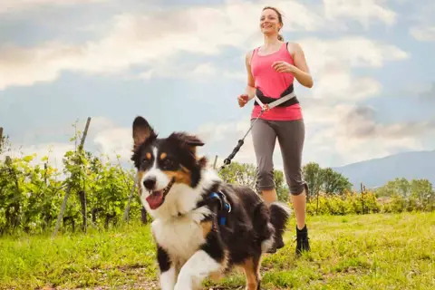 Mujer corriendo con su perro en un campo verde. La actividad física y la estimulación mental para perros son clave para su bienestar.