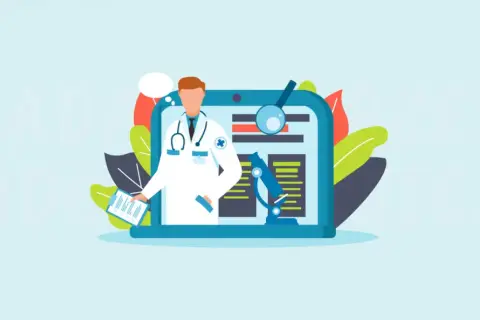 Lekarz w białym kitlu, z lupą i mikroskopem, prezentuje wyniki badań. To przykład kompromisu między technologią a medycyną.