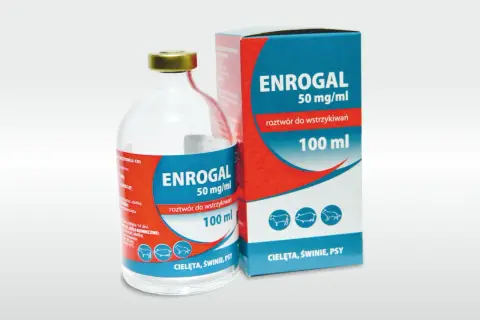 Butelka i pudełko leku ENROGAL 50 mg/ml, roztwór do wstrzykiwań 100 ml dla cieląt, świń i psów.