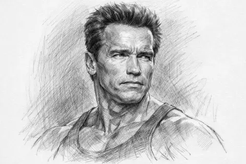 Portret Arnolda Schwarzeneggera w podkoszulku. Zastanawiasz się, ile lat ma Schwarzenegger?