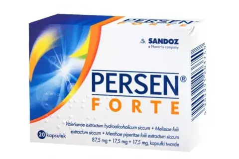 Opakowanie leku Persen Forte, zawierające 20 kapsułek. Na pudełku widnieje logo Sandoz.