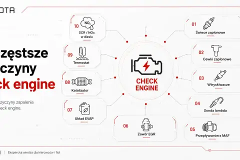 Najczęstsze przyczyny zapalenia się kontrolki check engine: świece, cewki, wtryskiwacze, sonda lambda, przepływomierz MAF, zawór EGR, układ EVAP, katalizator, termostat, SCR/NOx.