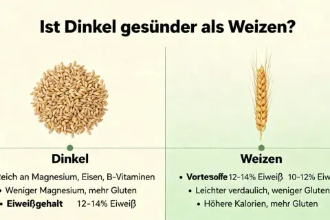 Dinkel vs. Weizen: Dinkel hat mehr Gluten, ist aber reich an Magnesium und Eisen. Weizen ist leichter verdaulich.