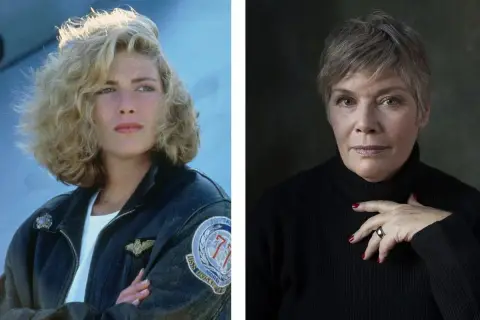 Kelly McGillis w młodości w kurtce lotniczej i jako starsza kobieta w czarnym golfie. Ikona kina.