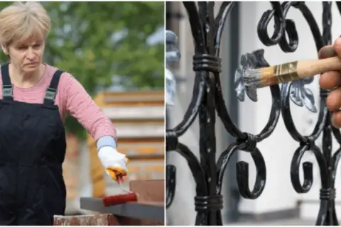 Kobieta w ogrodniczkach maluje metalowy element, a ręka pędzlem odnawia kutą balustradę. Czym odtłuścić powierzchnię przed malowaniem?