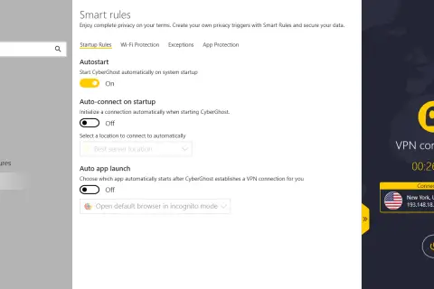 Ustawienia "Smart rules" w CyberGhost: autostart, automatyczne połączenie i uruchamianie aplikacji.
