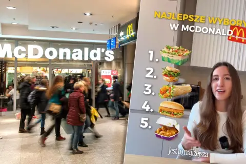 Ranking "Najlepsze wybory w McDonald's", gdzie widać wejście do restauracji i listę dań, od sałatki po nuggetsy. Sprawdzamy, co ma najmniej kalorii w Mc.