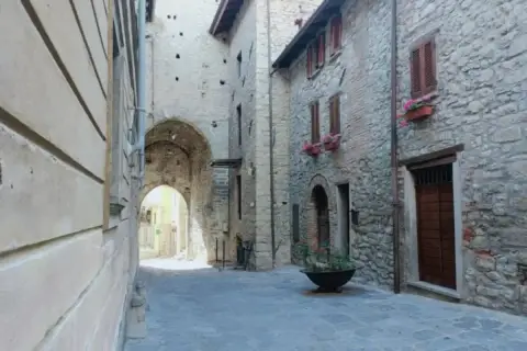 Un vicolo suggestivo a Varzi, con un arco in pietra che conduce a una strada illuminata. Case antiche e fiori colorati invitano a scoprire cosa vedere.