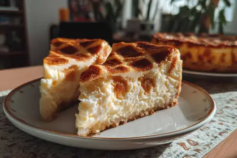Dwa kawałki puszystego sernika krakowskiego z kratką z ciasta na wierzchu, podane na talerzyku.
