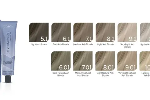 Revlonissmo haarfarben tabelle zeigt verschiedene Blond- und Brauntöne, von dunkel bis sehr hell, mit Asch- und Naturtönen.