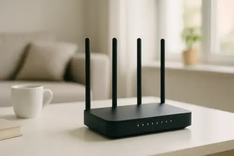 Czarny router z antenkami na białym stole, obok kubek i książka. Zastanawiasz się, ile prądu zużywa router?
