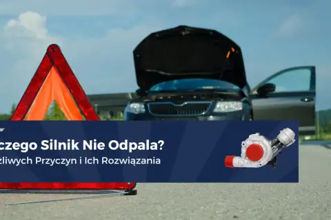 Awaryjny trójkąt i auto z otwartą maską. Silnik diesel zgasł podczas jazdy i nie odpala.