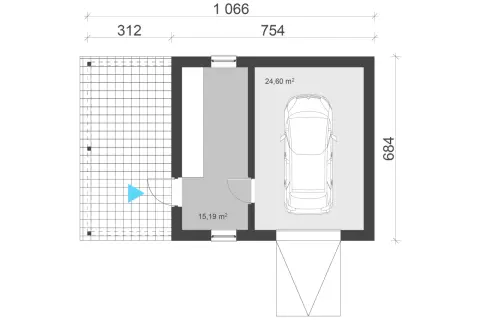 Rzut garażu jednostanowiskowego z wymiarami: 10,66m x 6,84m. Wnętrze 24,60 m² na auto i 15,19 m² pomieszczenie gospodarcze.