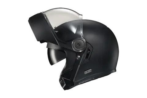 Casco nero con visiera sollevata, pronto per un viaggio senza mal di testa.