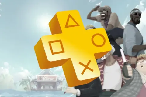 Żółte logo PS Plus z symbolami przycisków, na tle letniej sceny z ludźmi i budynkiem "Mr. Bancho". Gry na kwiecień!