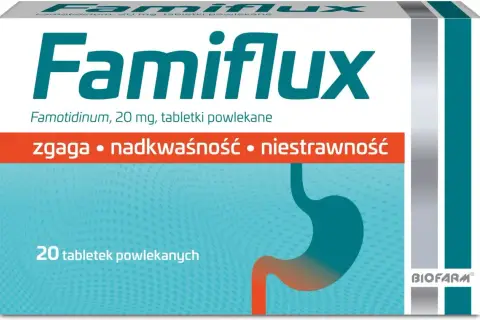 Opakowanie leku Famiflux, zawierające 20 tabletek powlekanych, pomaga na zgagę, nadkwaśność i niestrawność.
