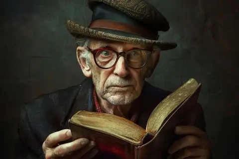 Starszy mężczyzna w okularach i kapeluszu czyta starą księgę. Czy postać może być metaforą całego społeczeństwa w literaturze pięknej?