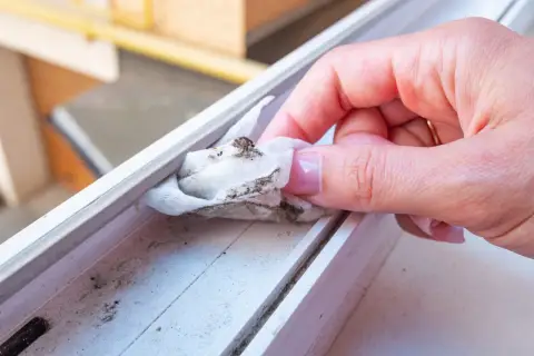 Dłoń z chusteczką usuwa brud z białej ramy okiennej. Dowiedz się, czym odtłuścić plastik, by był czysty.