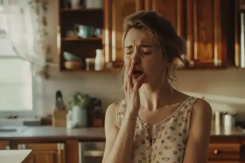 Kobieta w kuchni zamyka oczy, dotykając ust. Czuje gorzki smak w ustach, objaw nerwicy.