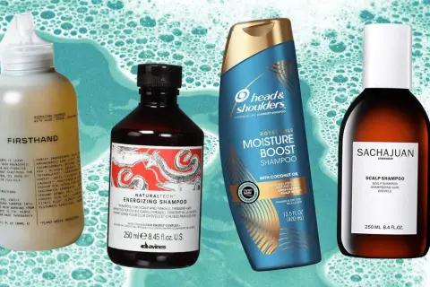 Cuatro botellas de champú: Firsthand, Davines, Head & Shoulders y Sachajuan. El mejor champú para tu cabello.