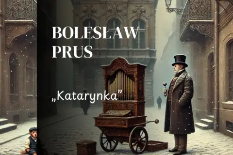 Bolesław Prus i jego „Katarynka” na zimowej uliczce. Stary grajek z katarynką, chłopiec i rowery w śniegu.
