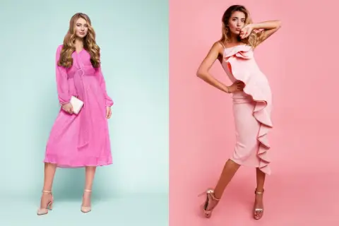 Eleganckie stylizacje: jakie buty do sukienki? Różowe kreacje i cieliste szpilki tworzą idealny duet.