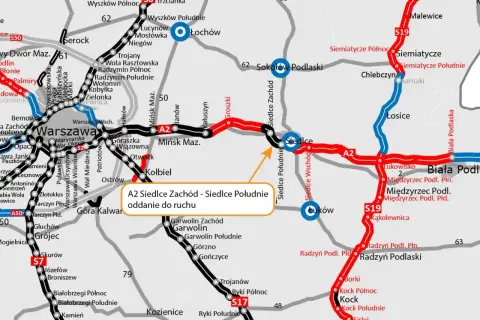 Mapa drogowa A2 Siedlce Zachód - Siedlce Południe, z zaznaczonymi drogami S19 i S17, prowadząca do Białej Podlaskiej.
