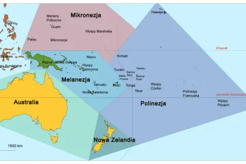 Mapa Oceanii z podziałem na regiony: Mikronezja, Melanezja, Polinezja. Widać Australię, Nową Zelandię i fragment Azji. To obszar najmniejszego kontynentu na ziemi.