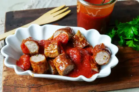 Eine Portion Currywurst mit Pommes, übergossen mit einer würzigen Sauce. Ein Klassiker, der immer schmeckt!