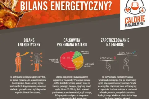 Infografika o bilansie energetycznym. Wyjaśnia, co to kcal, całkowitą przemianę materii i zapotrzebowanie na energię.