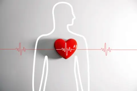 Czerwone serce z linią EKG symbolizuje kołatanie serca. Sylwetka człowieka i linie EKG podkreślają jego znaczenie.