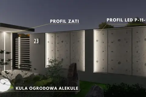 Nowoczesne oświetlenie ogrodzenia z betonowymi panelami, bramą i kulą ogrodową.