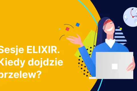 Uśmiechnięta kobieta z laptopem czeka na sesje ELIX. Kiedy dojdzie przelew? Zegar pokazuje, że czas płynie.