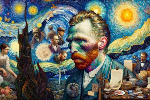 En färgsprakande hyllning till Vincent van Gogh, med hans ikoniska ansikte i förgrunden mot en virvlande stjärnhimmel. Målningen visar scener från hans liv och konst.