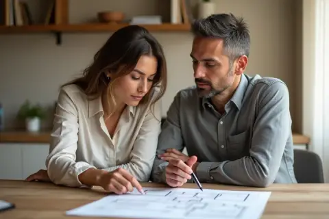 Couple examine plans, discussing their future home and the potential transfert ptz.