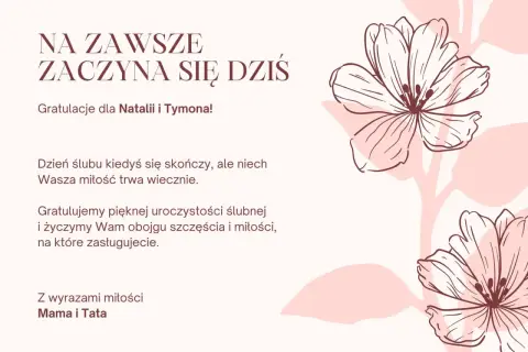 Życzenia na ślub cywilny dla Natalii i Tymona. Niech Wasza miłość trwa wiecznie. Gratulujemy!