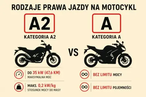 Porównanie kategorii A2 i A prawa jazdy na motocykl. A2 to motocykle do 35 kW, A to bez limitu mocy i pojemności.