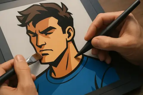 Rysunek postaci z mocnym konturem i charakterystycznym **cell shading**. Dwie ręce tworzą cyfrowy portret, jedna trzyma piórko, druga pędzel.