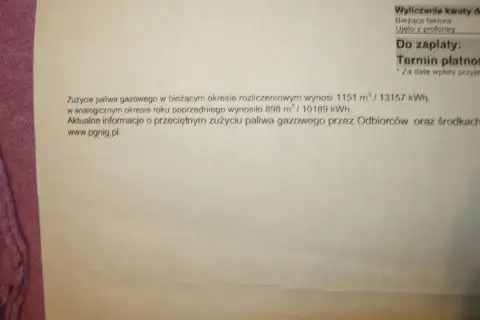 Rozliczenie miesięczne zużycie gazu w bloku: 1151 m³ / 13157 kWh. Porównanie z poprzednim rokiem.