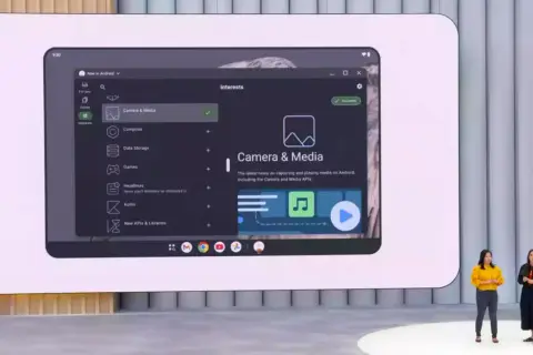 Interfejs Samsung DeX z listą zainteresowań, w tym "Camera & Media" z informacjami o nowościach w Androidzie.