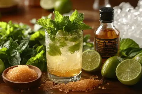 Orzeźwiający mojito z miętą, limonką i cukrem. Obok buteleczka rumu i lód.