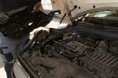 Mechanik z latarką bada silnik, przygotowując się do tego, jak odkamienić układ chłodzenia w samochodzie.