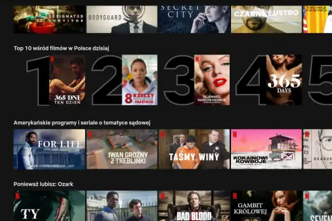 Na Netflixie w Polsce widać film "365 dni" na pierwszym miejscu w rankingu. Obok niego inne części "365 dni" oraz inne filmy i seriale.