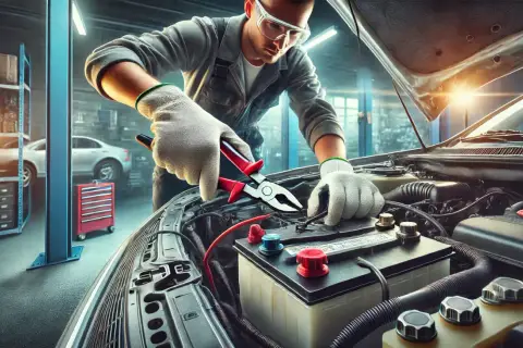 Mechaniker wechselt die audi a1 batterie. Er benutzt eine Zange, um die Kabel zu lösen.