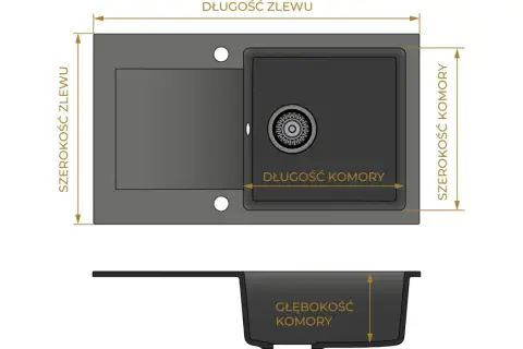 Schemat przedstawia wymiary zlewu kuchennego: długość, szerokość zlewu i komory, oraz głębokość komory.