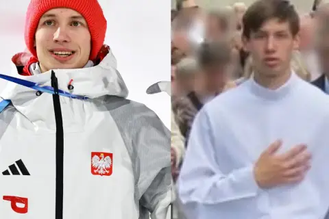 Kacper Tomasiak w stroju olimpijskim i w białej koszuli, jakby na ślubie.