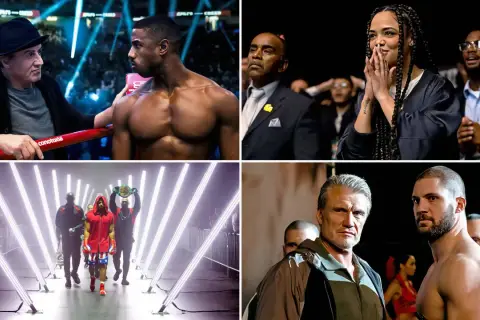 Sylvester Stallone i Michael B. Jordan w scenach z filmu Creed. Bokserzy, trenerzy i widzowie w emocjonujących momentach.