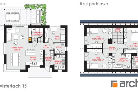Rzuty parteru i poddasza domu w wisteriach 15. Widoczne salon, kuchnia, sypialnie, łazienka i garderoba.