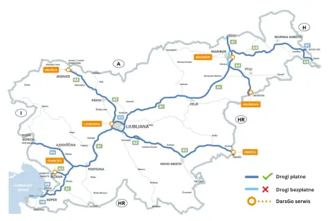 Mapa drogowa Słowenii z zaznaczonymi drogami płatnymi i bezpłatnymi, a także punktami DarsGo serwis. Waluta Słowenii to euro.