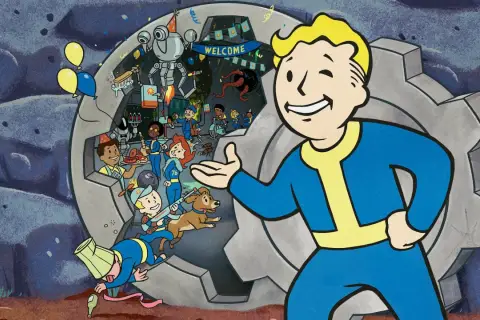Vault Boy zaprasza do radosnej imprezy w świecie Fallout 76, gdzie gracze z różnych platform mogą wspólnie bawić się dzięki **fallout 76 crossplay**.